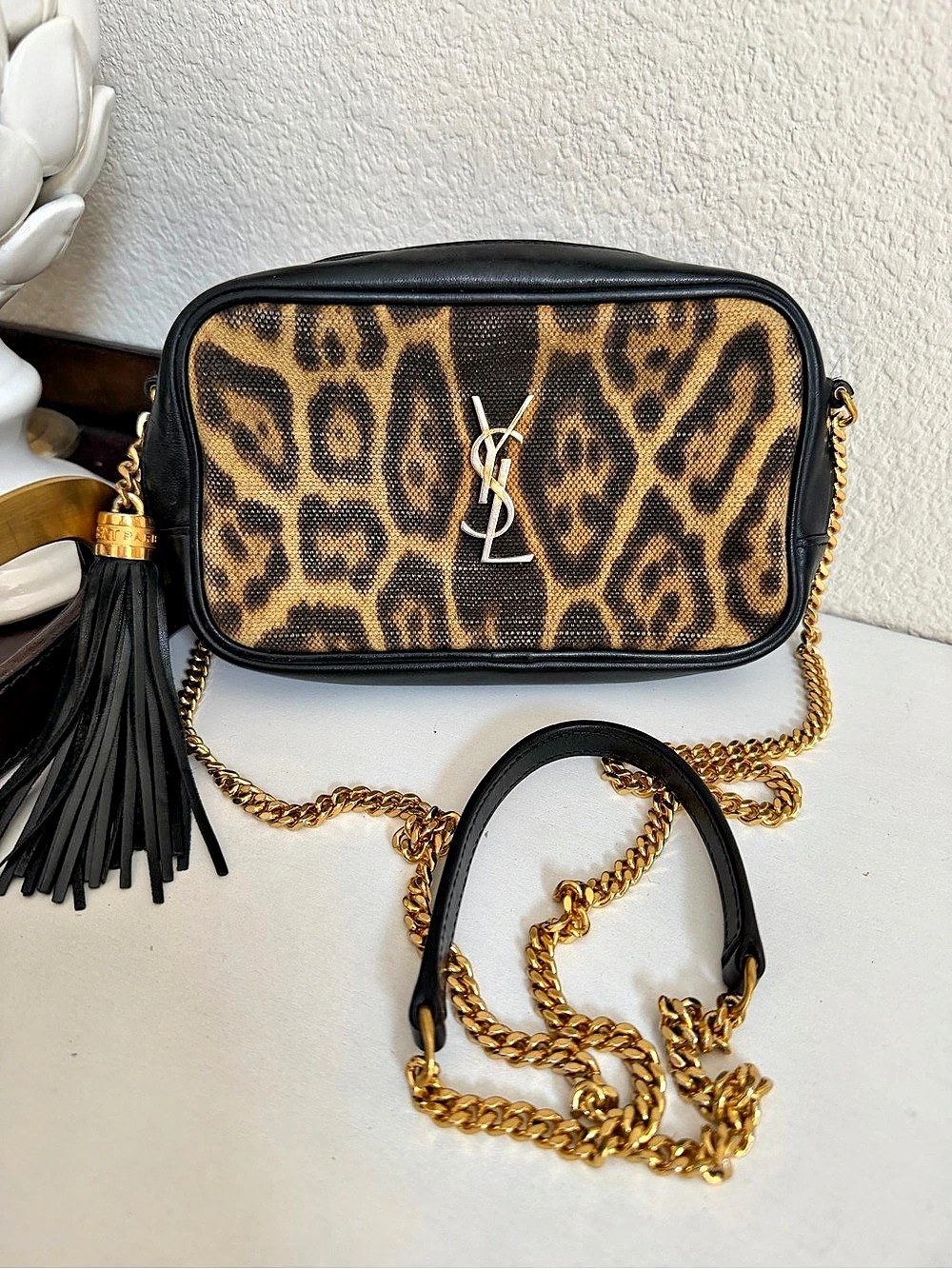Saint Laurent Lou Camera Bag Leopard Canvas and Leather Print Crossbody